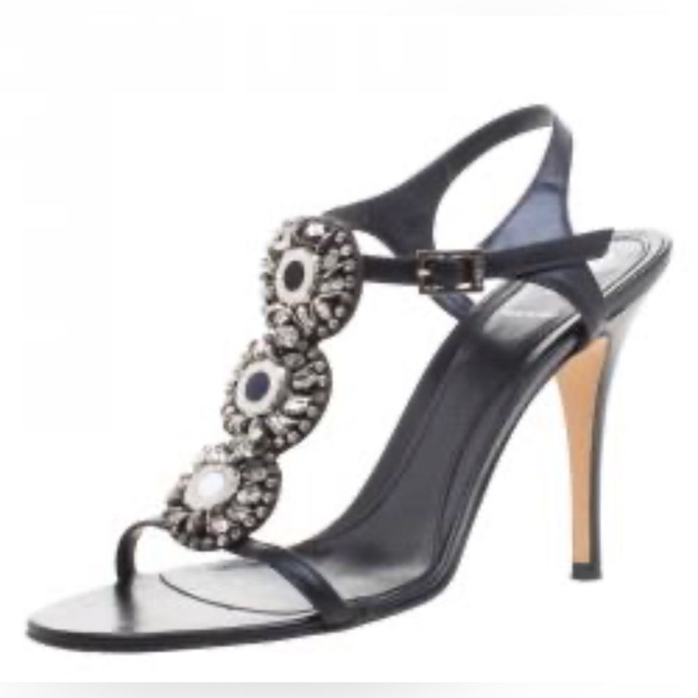 Fendi Black Embellished Leather Ankle Strap Sandals Size 37 heels 4”